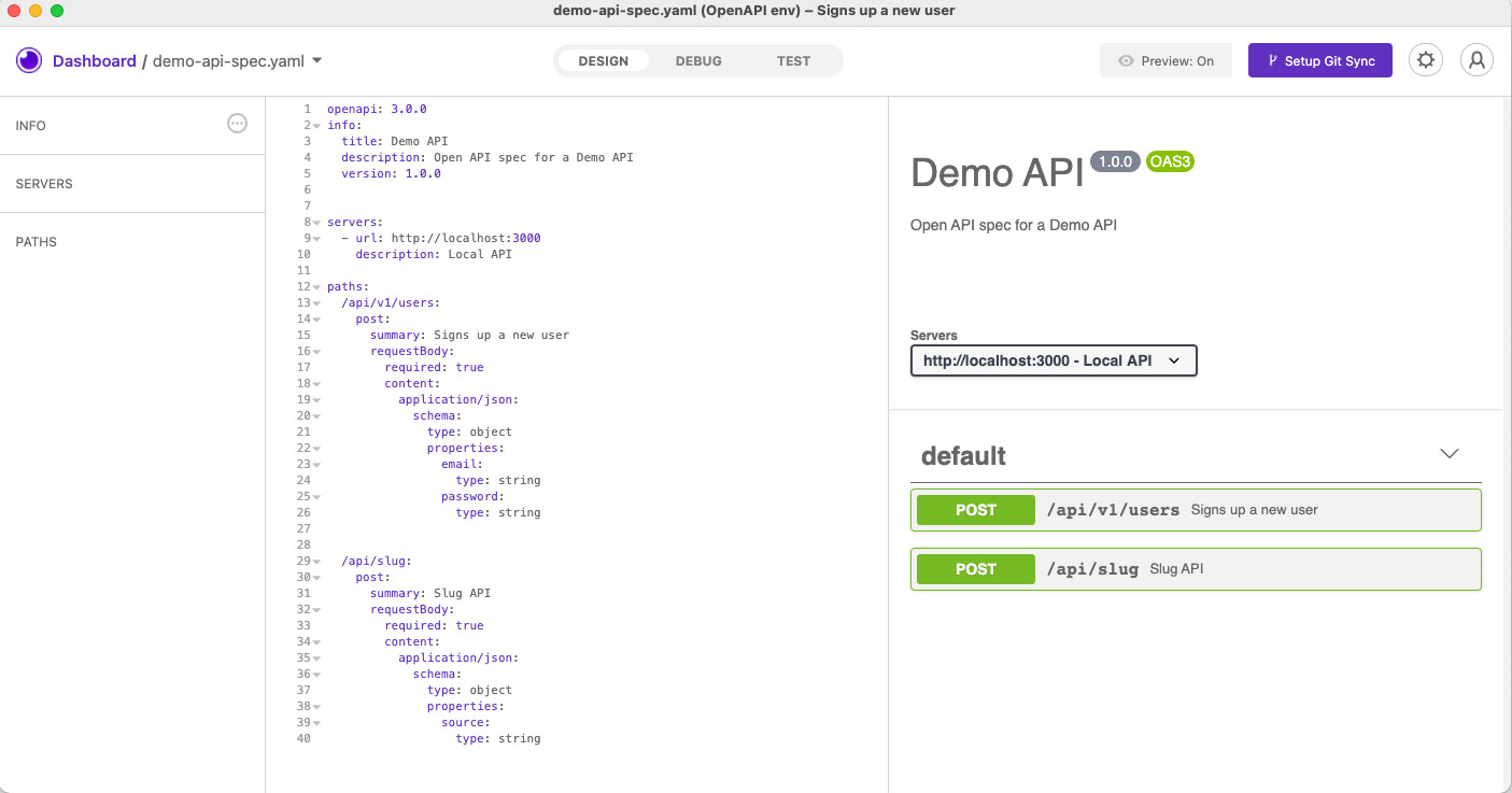 Insomnia app with design document for demo API
