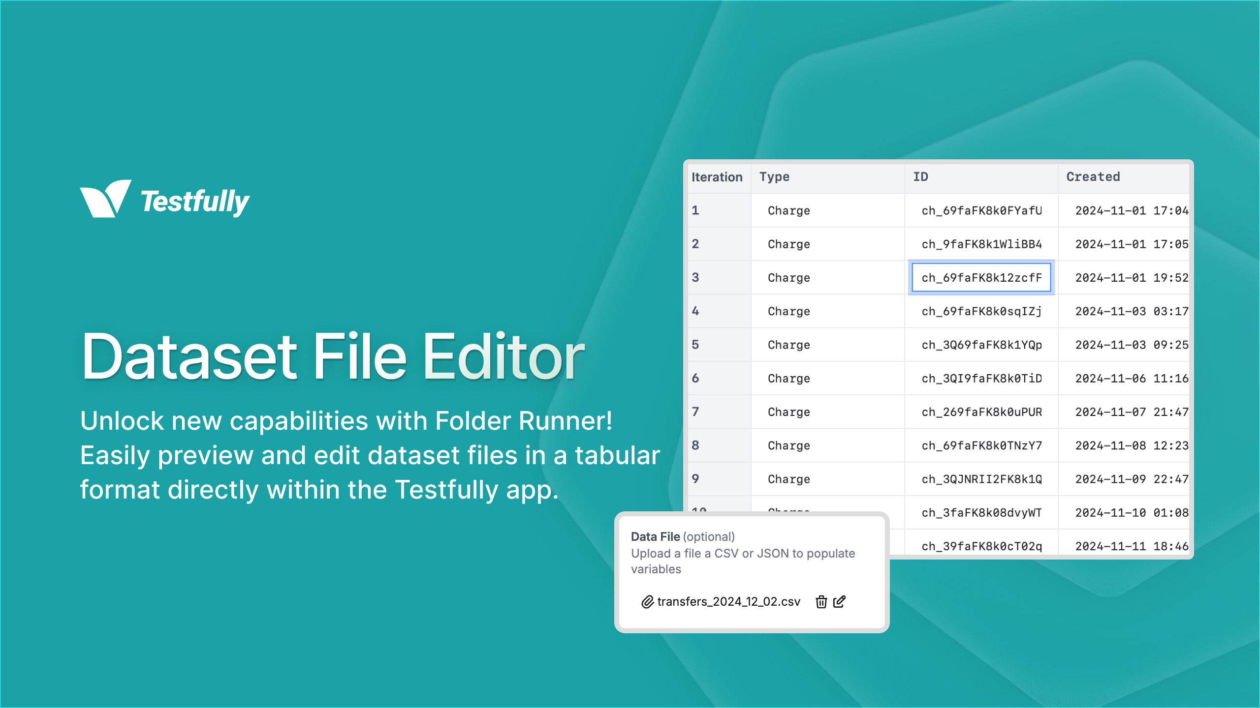 Screenshot of Dataset File editor in Testfully